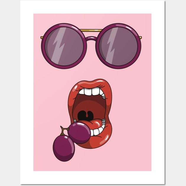 Mouth about to eat a two purple grapes while wearing matching purple sun glasses. Wall Art by Fruit Tee